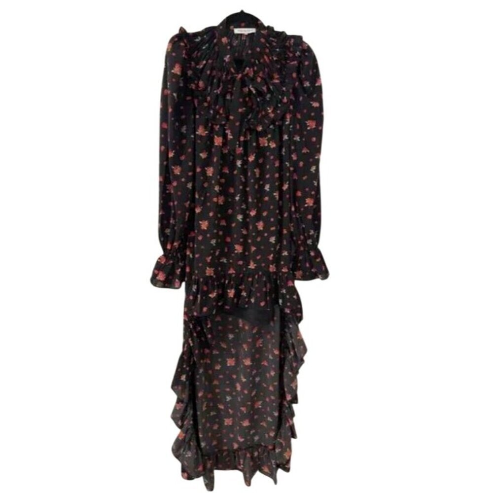 High Low Ruffle Dress Black Multi Floral Chiffon Long Sleeve Detachable Slip M - Picture 3 of 8